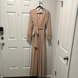 Baltic Born Tan Wrap Gown with Bishop Sleeves